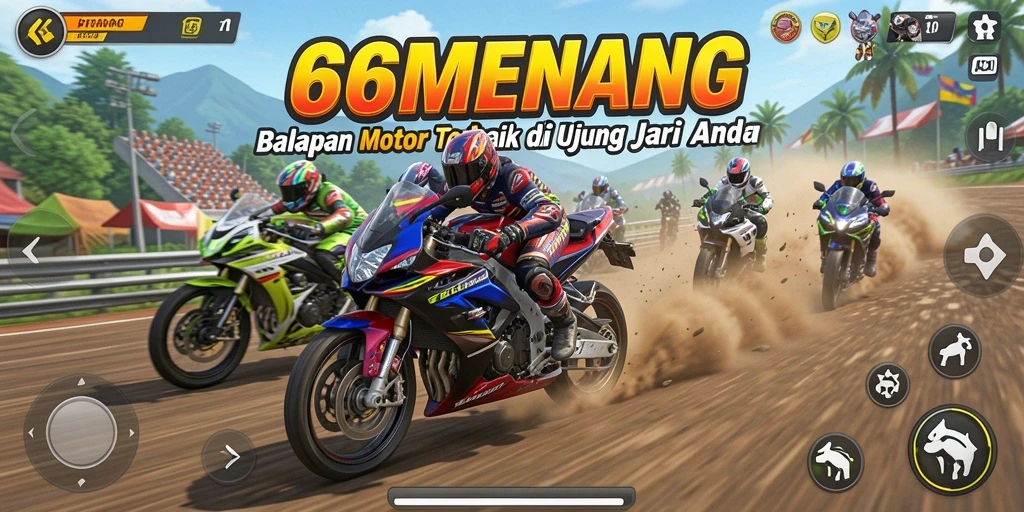 Gameplay seru 66MENANG yang menampilkan balapan motor yang mendebarkan.
