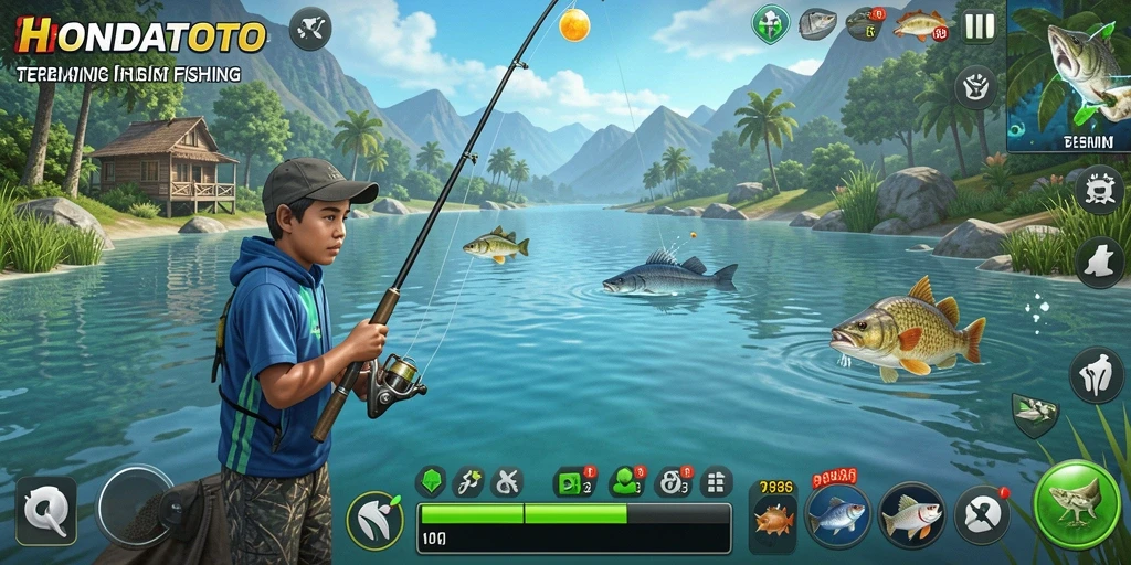 Screenshot HONDATOTO menampilkan momen seru saat memancing ikan besar.