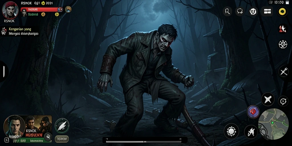 Screenshot gameplay RSNOK yang menampilkan suasana menyeramkan dan makhluk mengerikan.