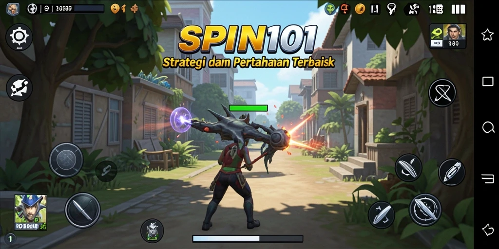Screenshot utama SPIN101 menampilkan serangan menara dalam aksi Tower Defense.