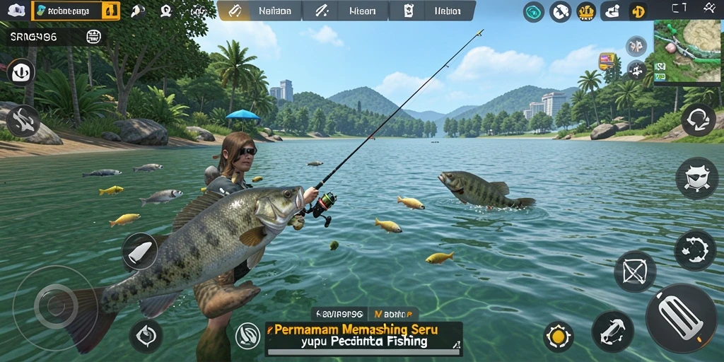 Screenshot gameplay SR996 yang menampilkan aksi memancing yang mendebarkan.